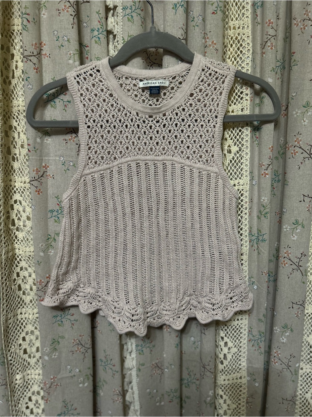 2/$28 American Eagle Crochet Knit Sweater  XS Cotton Open Stitch Scallop Hem